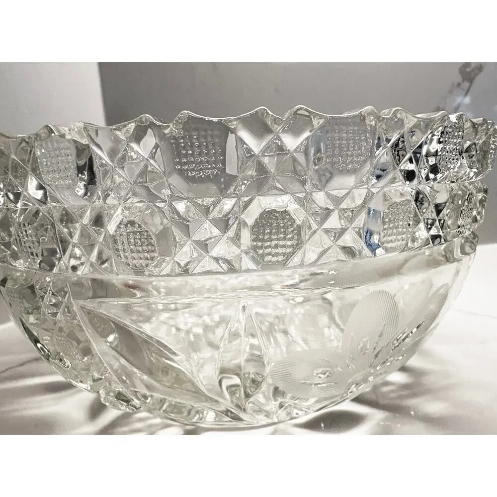 Antique American Brilliant Period Cut Glass Bowl Lead Crystal Floral Leaves 8”